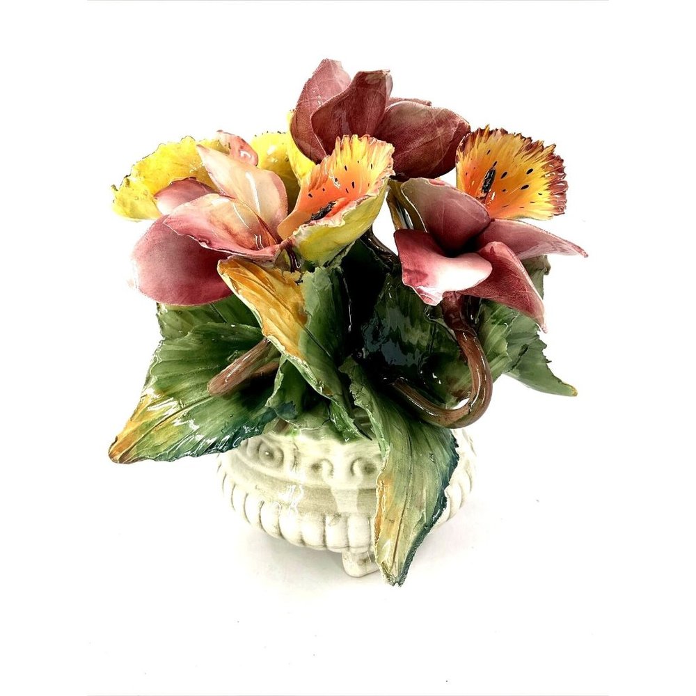 Vintage Capodimonte Italian Flower Arrangement Centerpiece in Pot Basket 9.5"